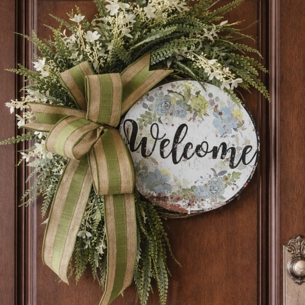 Farmhouse Greenery Welcome Wreath, Rustic Burlap Bow, Everyday Door Decor
