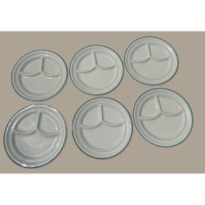 May include: Six white divided plates with a teal green trim. Each plate has three sections for portion control. The plates are round and appear to be made of ceramic or porcelain.