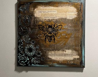 12 x 12 Mixed Media Collage, Original Art, Wall Art, Modern Art, Mixed Media Art, Assemblage Art, Steampunk Art "Bee Kind"