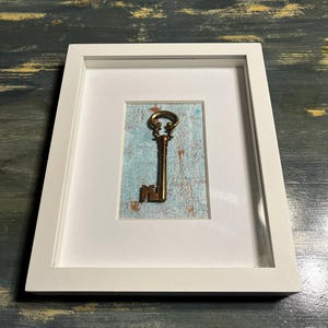 4 x 6 Mixed Media Collage in White 8 x 10 Shadowbox, Original Art, Wall Art, Mixed Media Art, Abstract Art, &quot;The Key&quot;