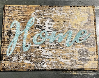 5 x 7 Mixed Media Collage on Wood, Original Art, Wall Art, Modern Art, Mixed Media Art, Assemblage Art, Steampunk Art "Home"