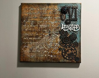 12 x 12 Mixed Media Collage on Canvas, Original Art, Wall Art, Modern Art, Mixed Media Art, Assemblage Art, Steampunk Art "Postale"