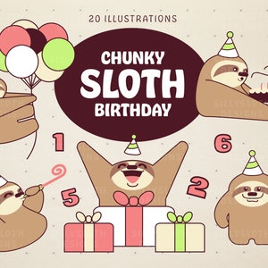 Chunky Sloth Birthday, party, digital clipart set, printable