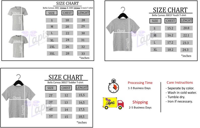 May include: Size chart for Bella Canvas 3001 Unisex & 3005 Unisex V-neck T-shirt, 30017 Toddler T-shirt, and 3001Y Youth T-shirt. The chart shows chest and length measurements in inches for each size.