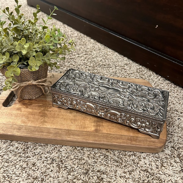 Vintage 1992 Godinger Silver-plate Ornate Jewelry Box with Mirror.  Engraved Vine Pattern. Velvet Lined Interior. 9 x 3 3/4".