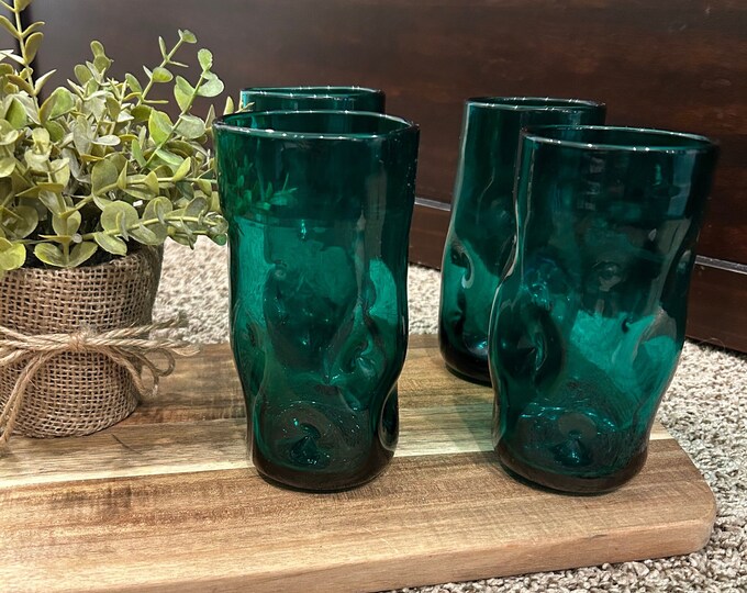 Vintage Blenko Emerald Green Blown Glass Dimpled Water Tumblers/glass