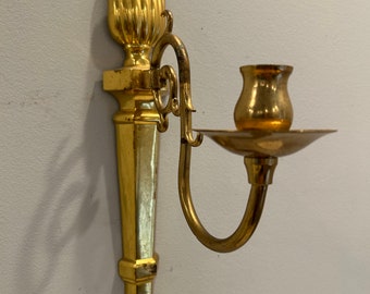Solid Brass Single Arm Candlestick Wall Sconce. Vintage Brass Wall Sconce. Brass Wall Candle Holder. 15"h x 10"d.