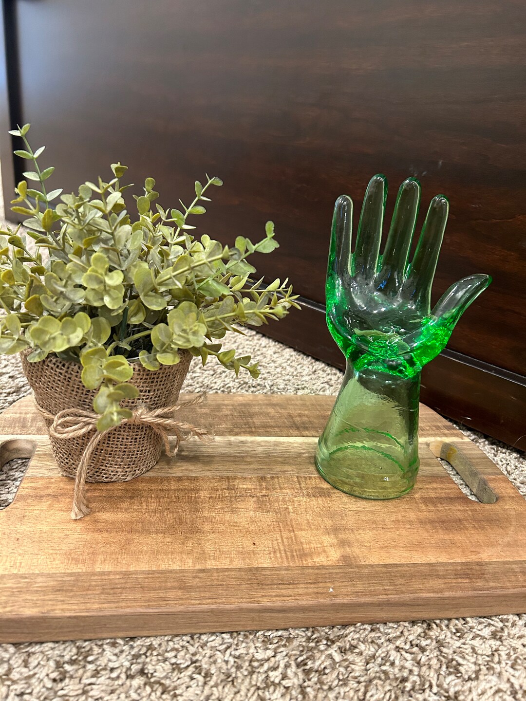 Vintage Green Depression Glass Hand Ring Holder. Retro Ring Holder