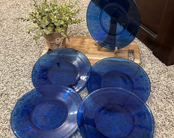 Vintage Cobalt Blue Glass Salad Plates Set of 5 FIVE. Thick Cobalt Blue