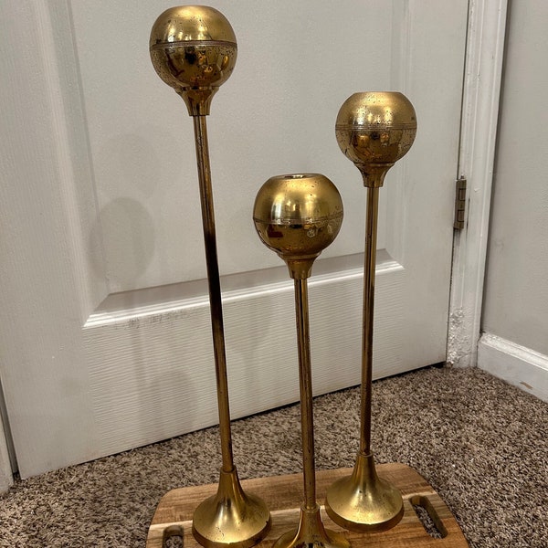 Vintage Brass MCM Ball Orb Sphere Tulip Taper Candlestick Holders Set of 3 Brass Graduated MCM Taper Candlestick Holders. 23". 20". 17".