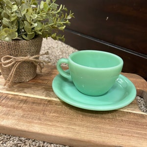 Fire King C-Handle Jadeite Restaurant Ware. Heavy Jadeite Cup and Saucer C Handle. Extra Heavy Fire King Restaurant Ware Cup and Saucer.