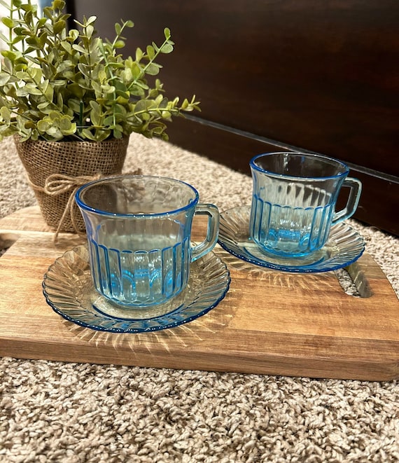 Fortecrisa Blue Glass Coffee/ Tea Cup with Saucer-Set of 2. Mexican Heat Resistant Glass. Vintage Ice Blue Glass.