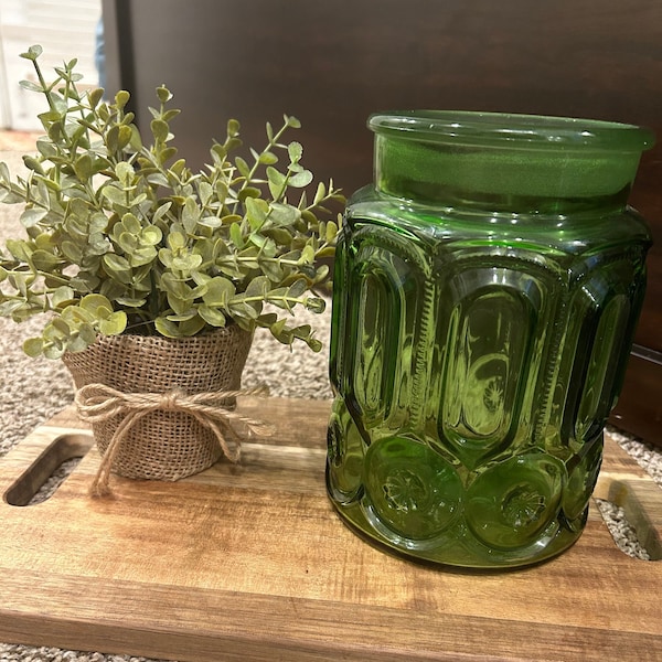 L.E. Smith-Green Glass Canister, L.ESmith Moon & Stars Pattern, Green Moon and Stars 7 3/4”h. No Lid. Green Moon and Stars Replacement Jar.