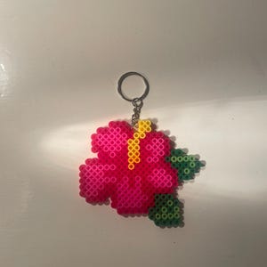 Handmade Hibiscus Flower Perler Bead Keychain • Tropical Bag Charm