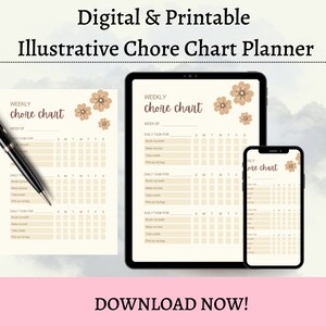Digitaler & druckbarer Illustrativer Hausarbeitsplaner | Bearbeitbarer Hausarbeitsplaner | Sofort Download | Druckbare PDF