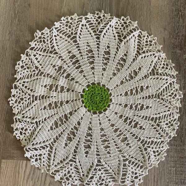 17” Round White Handmade Doily With Lime Green Color Flower In The Middle