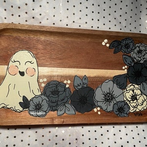 Cute ghost and floral wooden tray Halloween decor