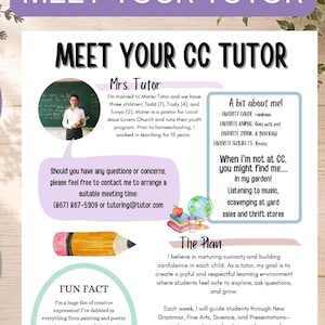May include: A printable 8.5 x 11 inch Meet Your CC Tutor flyer template featuring a photo of a tutor, a section for personal details, a fun fact, and a teaching plan. The document includes illustrations of a pencil, books, and a globe.