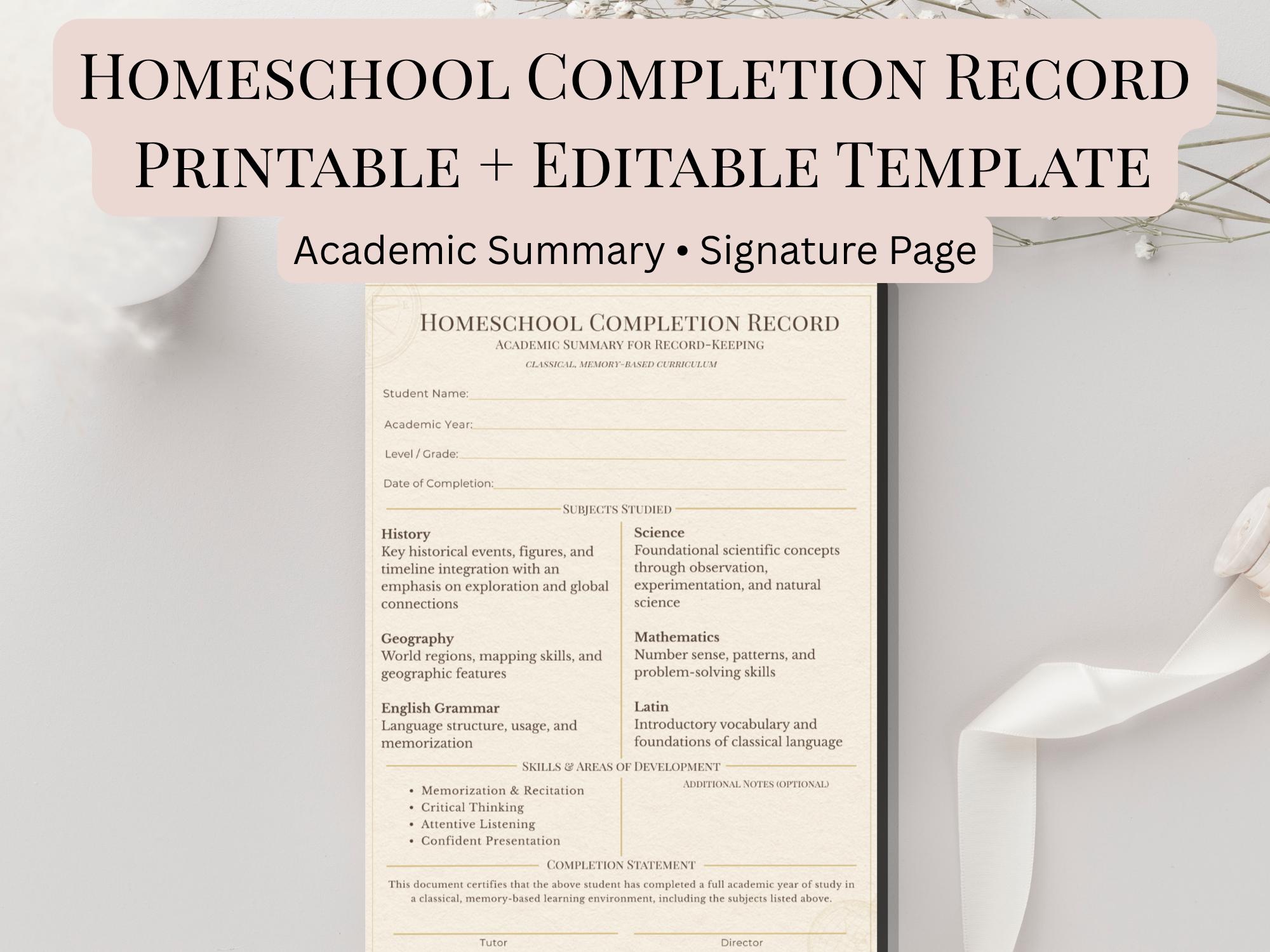 Homeschool Completion Record Printable + Editable Canva Template ...