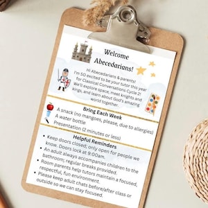 May include: A clipboard with a welcome message for Abecedarians, featuring illustrations of a castle and a knight. The text includes reminders about snacks, water bottles, and helpful classroom guidelines. The clipboard is brown with a silver clip.
