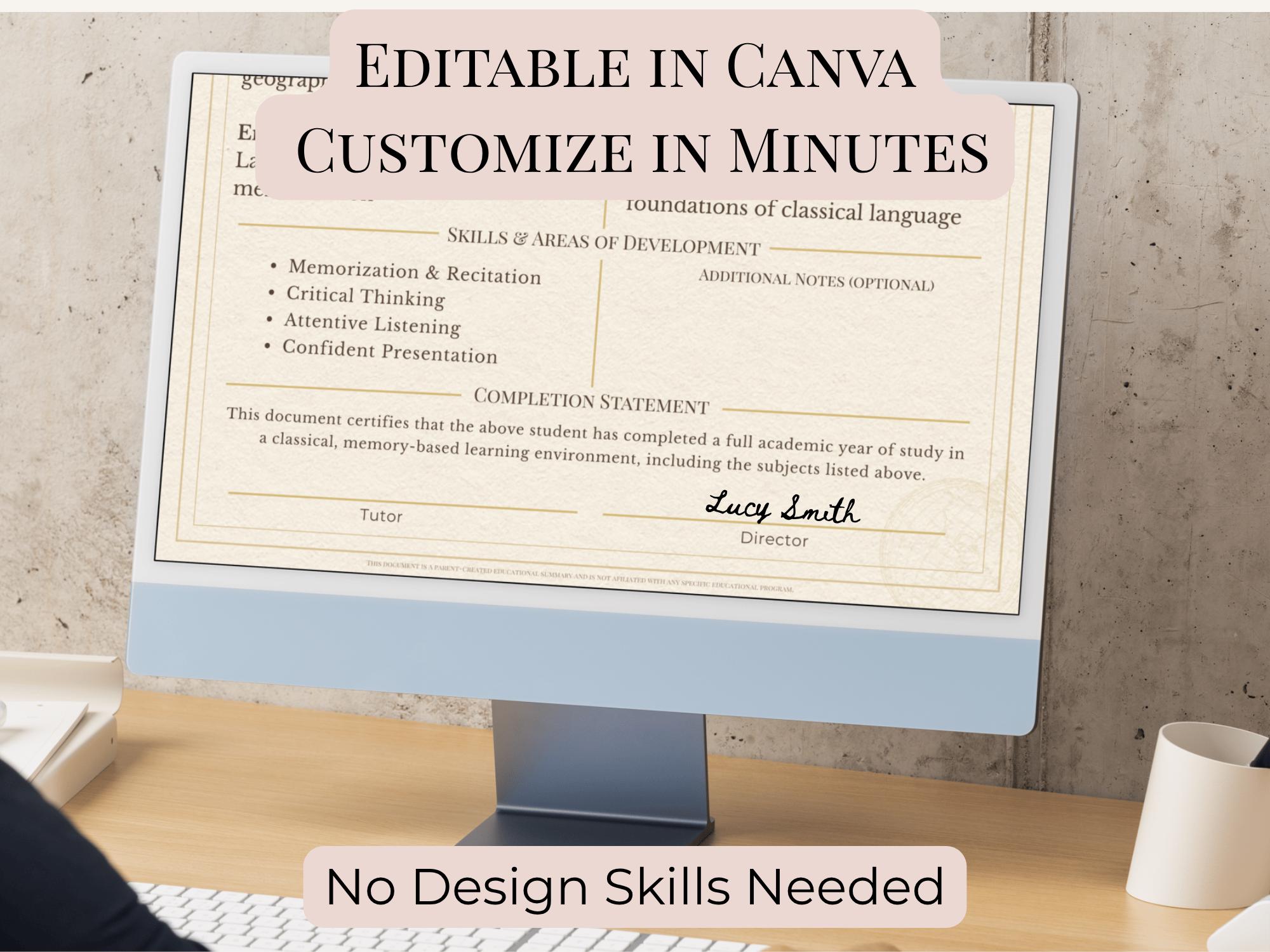 Homeschool Completion Record Printable + Editable Canva Template ...