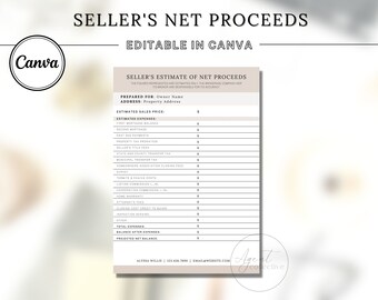 Realtor Seller Net Sheet: Closing Cost Canva Template (Instant Download)