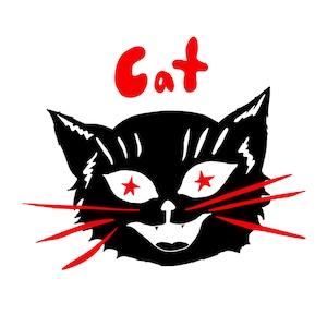 May include: A black cat illustration with red star-shaped eyes and whiskers. The word "Cat" is written in red above the cat's head. The design is a bold, graphic style, perfect for Halloween or cat lovers.