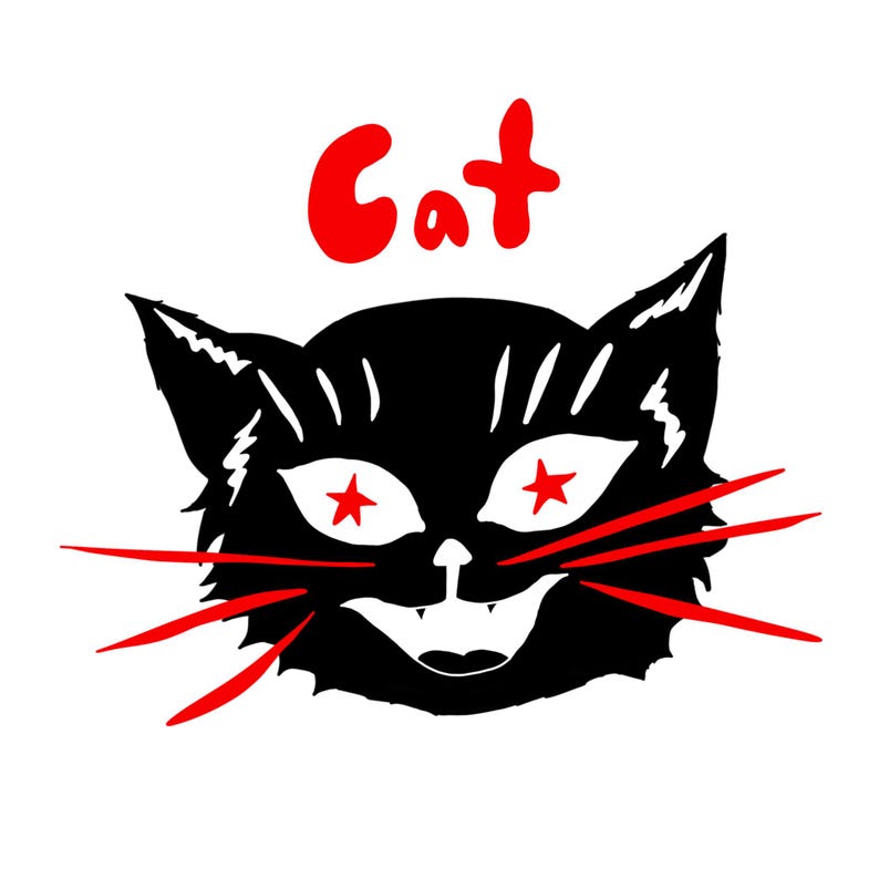 May include: A black cat illustration with red star-shaped eyes and whiskers. The word "Cat" is written in red above the cat's head. The design is a bold, graphic style, perfect for Halloween or cat lovers.