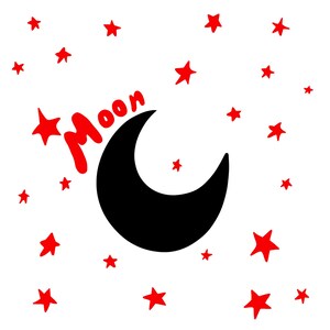 May include: A black crescent moon with the word "Moon" in red script above it, surrounded by red stars on a white background. The design is simple and graphic, evoking a celestial theme.