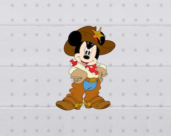 May include: A cartoon illustration of Mickey Mouse dressed as a cowboy. He is wearing a brown cowboy hat with a gold star, a red bandana, and brown pants with a blue belt. He is standing with his hands on his hips.