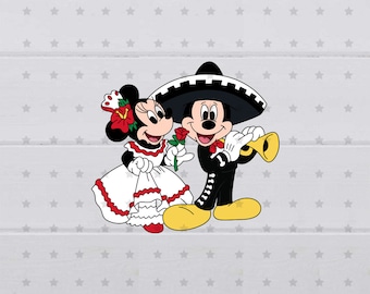 May include: A cartoon illustration of Mickey and Minnie Mouse in traditional Mexican attire. Minnie wears a white dress with red trim and a flower in her hair. Mickey plays a trumpet in a mariachi outfit, complete with a sombrero.