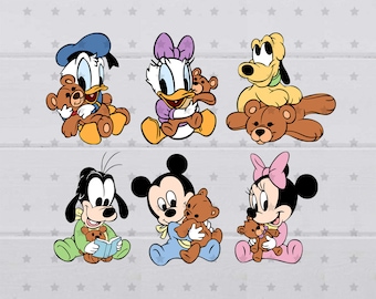 May include: A collection of cartoon characters, including Donald Duck, Daisy Duck, Pluto, Goofy, Mickey Mouse, and Minnie Mouse, each holding a brown teddy bear. The characters are depicted in a baby-like style, with soft colors and simple outlines.