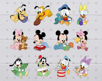 May include: A set of 10 cartoon baby character illustrations featuring Mickey Mouse, Minnie Mouse, Donald Duck, Daisy Duck, and Goofy. The characters are depicted in various poses and playing with toys, such as a toy train, a teddy bear, a toy car, and a drum.