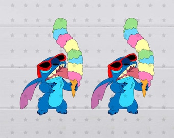 May include: Two blue cartoon characters with red sunglasses are eating colorful ice cream cones. The ice cream is stacked in a cone shape with different colors of ice cream.
