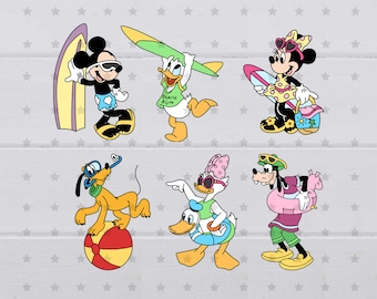 May include: A set of six cartoon characters from Disney's Mickey Mouse franchise, including Mickey Mouse, Minnie Mouse, Donald Duck, Goofy, and Pluto. The characters are dressed in beach attire and are holding various beach-themed items, such as surfboards, beach balls, and sunglasses.