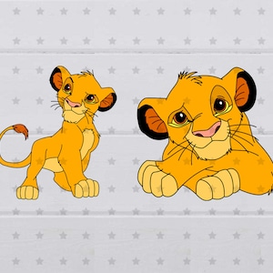 May include: Two cartoon illustrations of a lion cub. The lion cub on the left is standing on all fours and looking to the right. The lion cub on the right is lying down with its paws crossed and looking to the left.