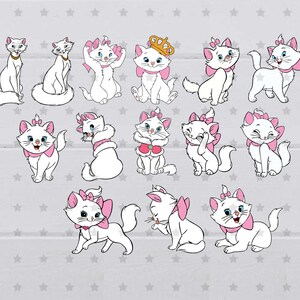 May include: A set of 15 white cartoon cat illustrations with pink bows and various facial expressions. The cats are in different poses, including sitting, standing, and lying down. Some of the cats are wearing crowns.