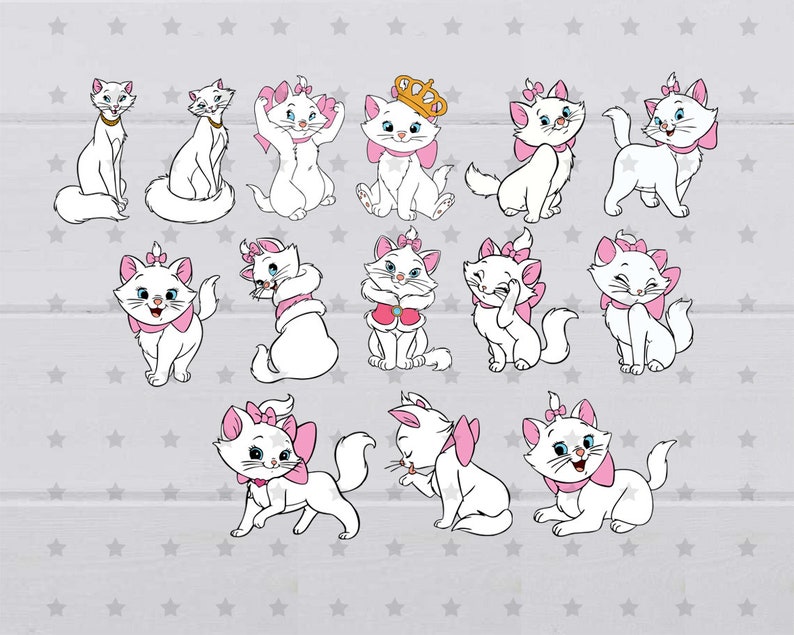 May include: A set of 15 white cartoon cat illustrations with pink bows and various facial expressions. The cats are in different poses, including sitting, standing, and lying down. Some of the cats are wearing crowns.