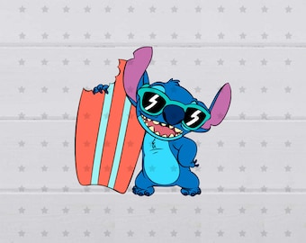 May include: A blue cartoon character with large ears and sunglasses holding a red and white surfboard with a bite taken out of it.