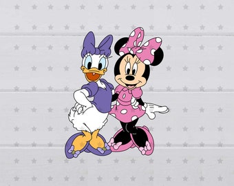 May include: A cartoon illustration of Minnie Mouse and Daisy Duck. Minnie Mouse is wearing a pink dress with white polka dots and a red bow. Daisy Duck is wearing a purple dress and a yellow bow. Both characters are smiling.