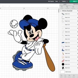 May include: Mickey Mouse wearing a blue baseball cap and white baseball uniform with a baseball bat and a white baseball in his hand.