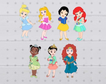 May include: A set of seven princess dolls, each with a unique dress and hairstyle. The dolls are all wearing crowns and have smiling faces. The dolls are standing on a white background with stars.