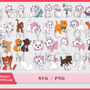 May include: A set of 24 digital cut files featuring various poses of a white cat with pink bows and a brown tabby cat. The images are perfect for crafting projects, such as vinyl decals, t-shirt designs, and more.