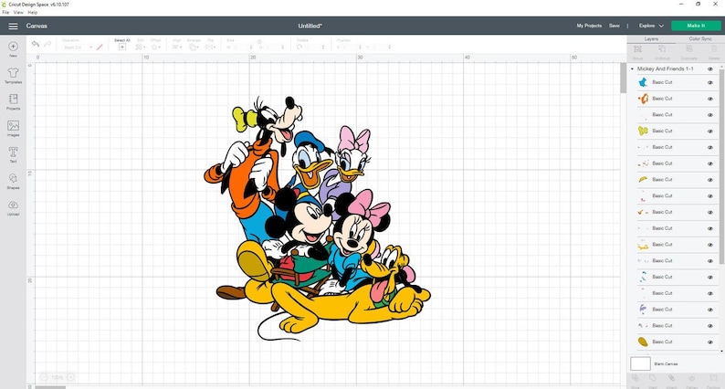 May include: A group of Disney characters including Mickey Mouse, Minnie Mouse, Donald Duck, Goofy, and Pluto. The characters are all smiling and looking at the viewer. Mickey Mouse is wearing his signature red shorts and yellow shoes. Minnie Mouse is wearing a pink dress with white polka dots and a pink bow. Donald Duck is wearing a blue sailor shirt and a white sailor hat. Goofy is wearing a red and yellow outfit. Pluto is wearing a yellow collar.