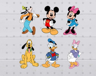 May include: A set of six cartoon character illustrations featuring Mickey Mouse, Minnie Mouse, Goofy, Donald Duck, Pluto, and Daisy Duck. The characters are all in their signature colors and poses.