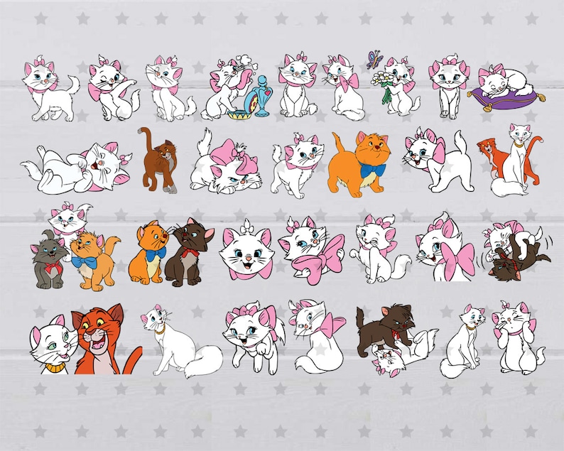 May include: A collection of 30 digital clip art images featuring a white cat with pink bows and a ginger cat. The images depict the cats in various poses, including sitting, standing, and cuddling.