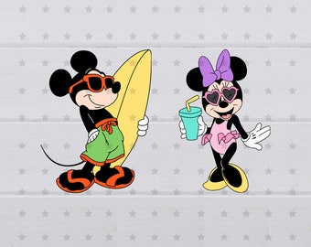 May include: Mickey Mouse and Minnie Mouse are dressed in summer clothes and ready for the beach. Mickey is holding a yellow surfboard and Minnie is holding a blue drink. They are both wearing sunglasses.