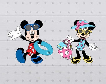 May include: Mickey Mouse and Minnie Mouse are dressed in summer outfits. Mickey is wearing red swim trunks with fish designs, blue sunglasses, and a blue and white inner tube. Minnie is wearing a pink and white polka dot swimsuit, a blue and white hat with a pink bow, and yellow sunglasses. She is carrying a pink and white polka dot beach bag.