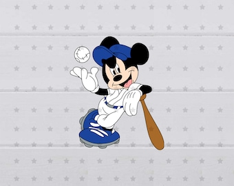 May include: A cartoon illustration of Mickey Mouse dressed in a blue baseball uniform, holding a bat and a baseball. He is wearing a blue cap with a white brim and a white jersey with a blue trim. He is smiling and looking to the right.