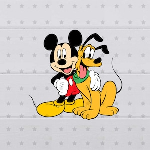 May include: A cartoon illustration of Mickey Mouse and Pluto. Mickey Mouse is wearing his signature red shorts and yellow shoes. Pluto is a yellow dog with a green collar. They are both smiling and looking at the viewer.